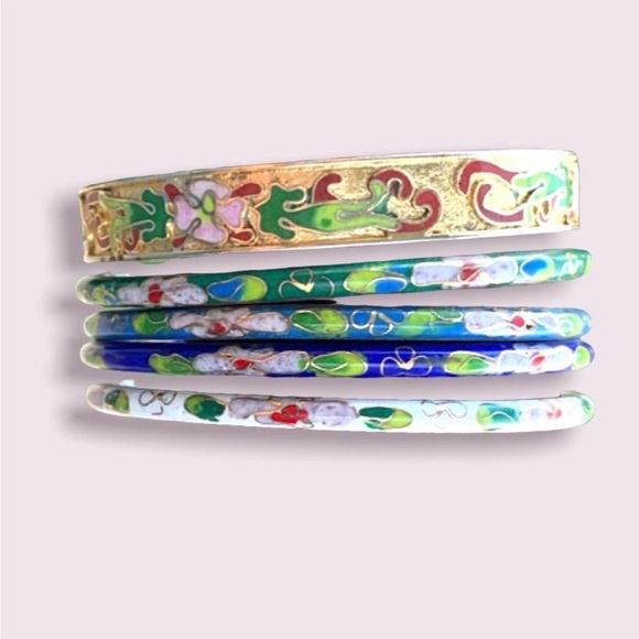 Vintage Bangle Bracelets Floral Cloisonné Jewelry Lot - Picture 1 of 12